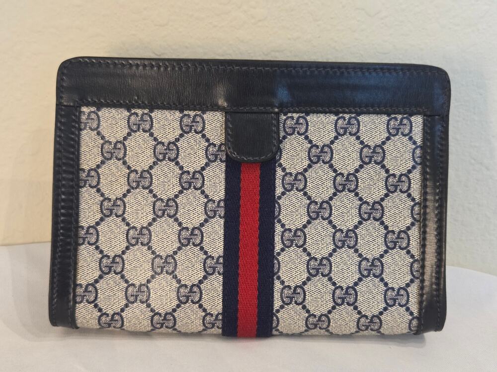 Gucci GG Supreme Web Clutch Pouch Bag Blue Navy Made in Italy Web Stripe Vintage